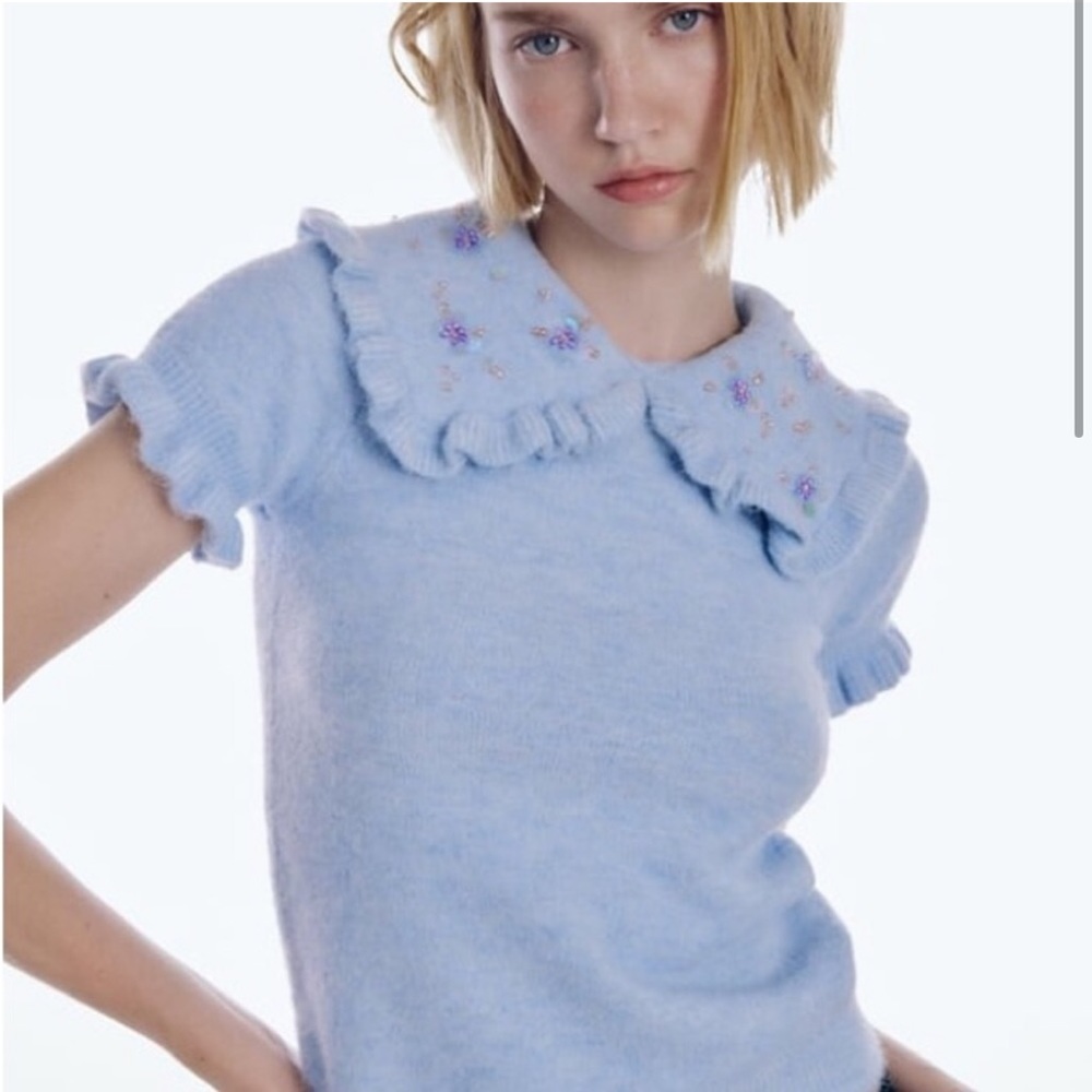 Zara Light Blue Ruffled Collar Top - Picture 2 of 11